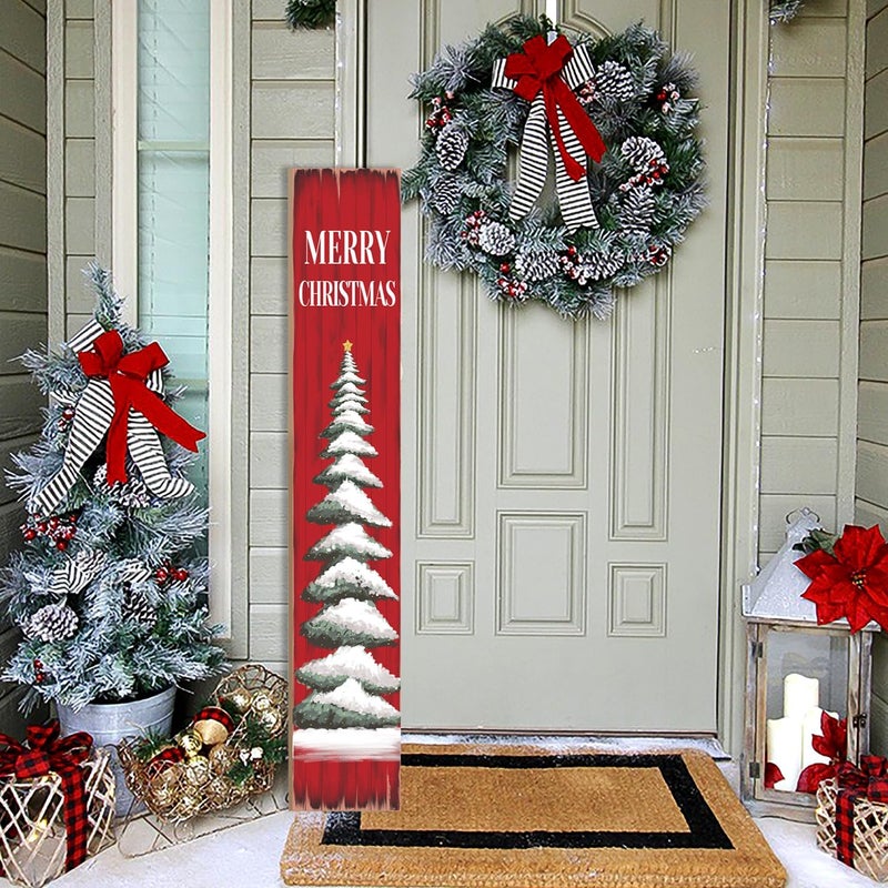 Seimip Christmas Porch Sign Christmas Tree Welcome Sign For Front Porch Xmas Snow Red wood grain Home Decor Indoor Outdoor Wooden Vertical Sign For Patio Front Door Porch Wall Yard - Image 2